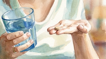 Ilustración acuarelada de cerca de unas manos sujetando una pastilla beige en la palma y un vaso de agua transparente lleno, con un anillo dorado visible.