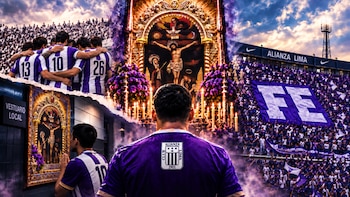 Jugadores con camisetas a rayas blancas y moradas, un cuadro del Señor de los Milagros con velas y una tribuna de estadio con público