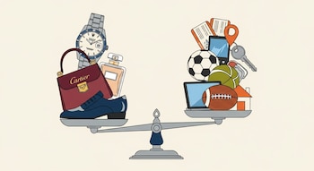 Balanza de platillos con reloj, bolso, zapato y perfume en la izquierda; boletos de avión, móvil, llaves, balones, laptop y casa en la derecha.