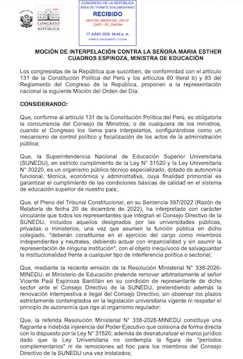 Documento oficial del Congreso de la República del Perú con moción de interpelación a Ministra de Educación, sello de recibido con fecha