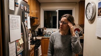Una mujer con anteojos se toca la cabeza frente a un refrigerador con una lista de pendientes y un reloj de pared.