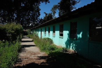 Edificio largo de ladrillos verde azulado con ventanas y tejado ondulado, junto a un sendero de tierra y densa vegetación con árboles altos bajo el cielo azul