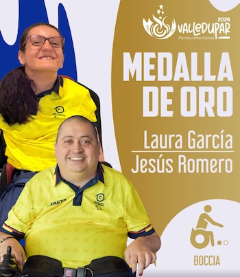 Laura García y Jesús Romero conquistaron la medalla de oro en la prueba de parejas BC3 de Boccia en los Juegos Parasuramericanos Valledupar 2026, luego de imponerse con autoridad en su último compromiso - crédito @colparalimpico/Instagram
