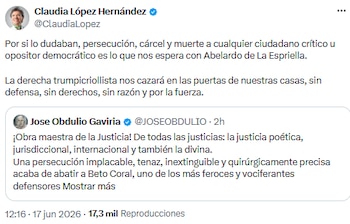 Claudia López advirtió sobre represión a críticos bajo eventual gobierno de Abelardo de la Espriella - crédito @ClaudiaLopez/X