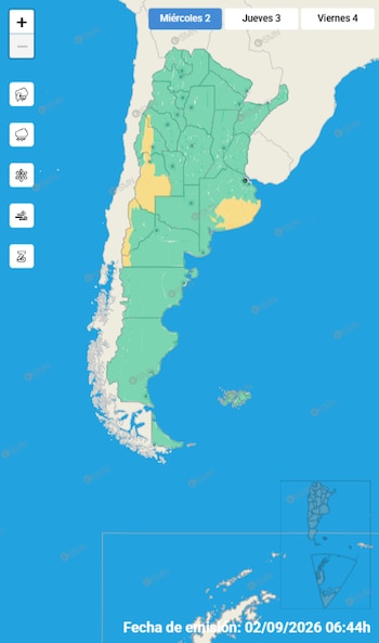 Mapa interactivo de Argentina pintado en verde y amarillo con botones de días arriba y controles a la izquierda