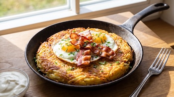 Sartén de hierro con papas rösti, dos huevos fritos, tocino y cebollín picado, junto a un tenedor y un recipiente con crema.