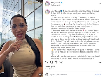 La abogada Cindy Isaza explicó qué tiene que ver la Ley Emiliani - crédito @cindylaboral/IG |