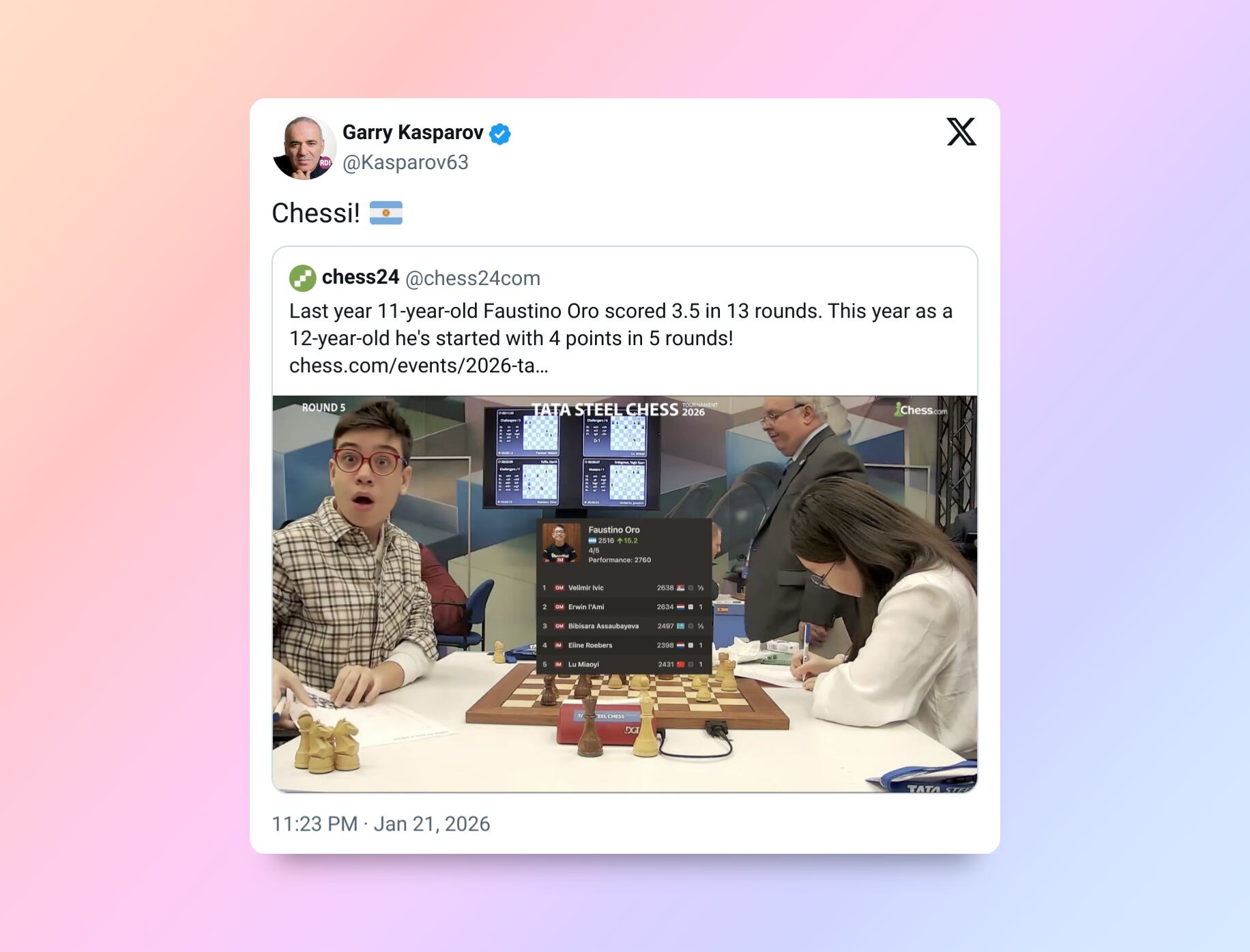 El mensaje de Kasparov en su cuenta seguida por más de 1 millón de personas