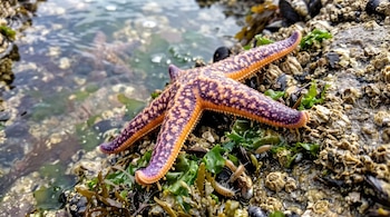 Una estrella de mar de color violeta y amarillo sobre rocas con algas verdes, percebes y mejillones junto a una poza de agua.