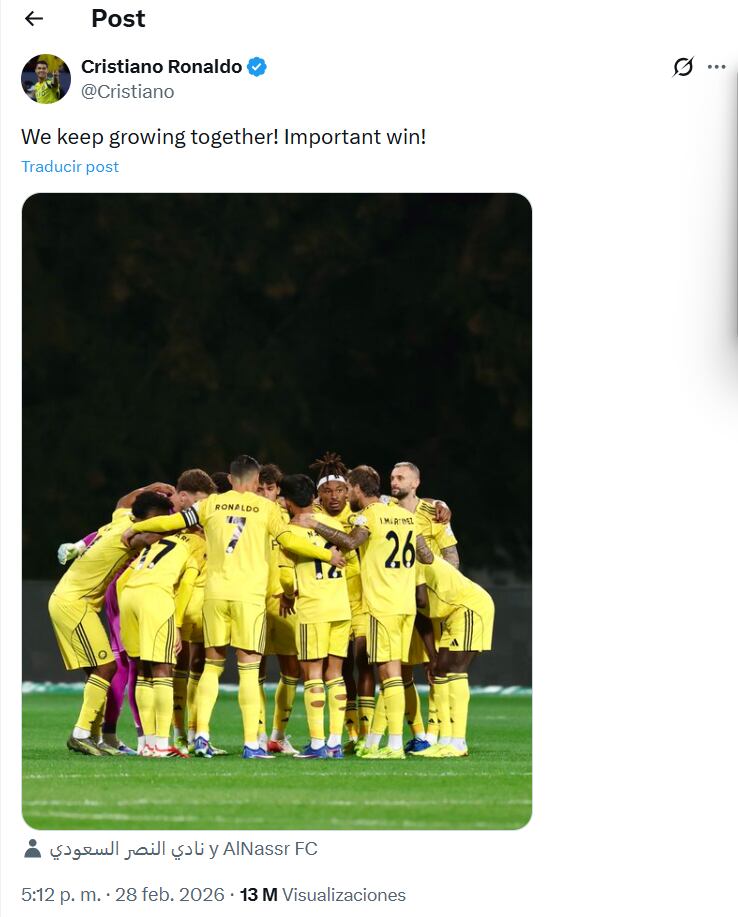 Post de Cristiano Ronaldo tras el partido en donde se retiro con fatiga muscular - crédito X/Cristiano Ronaldo