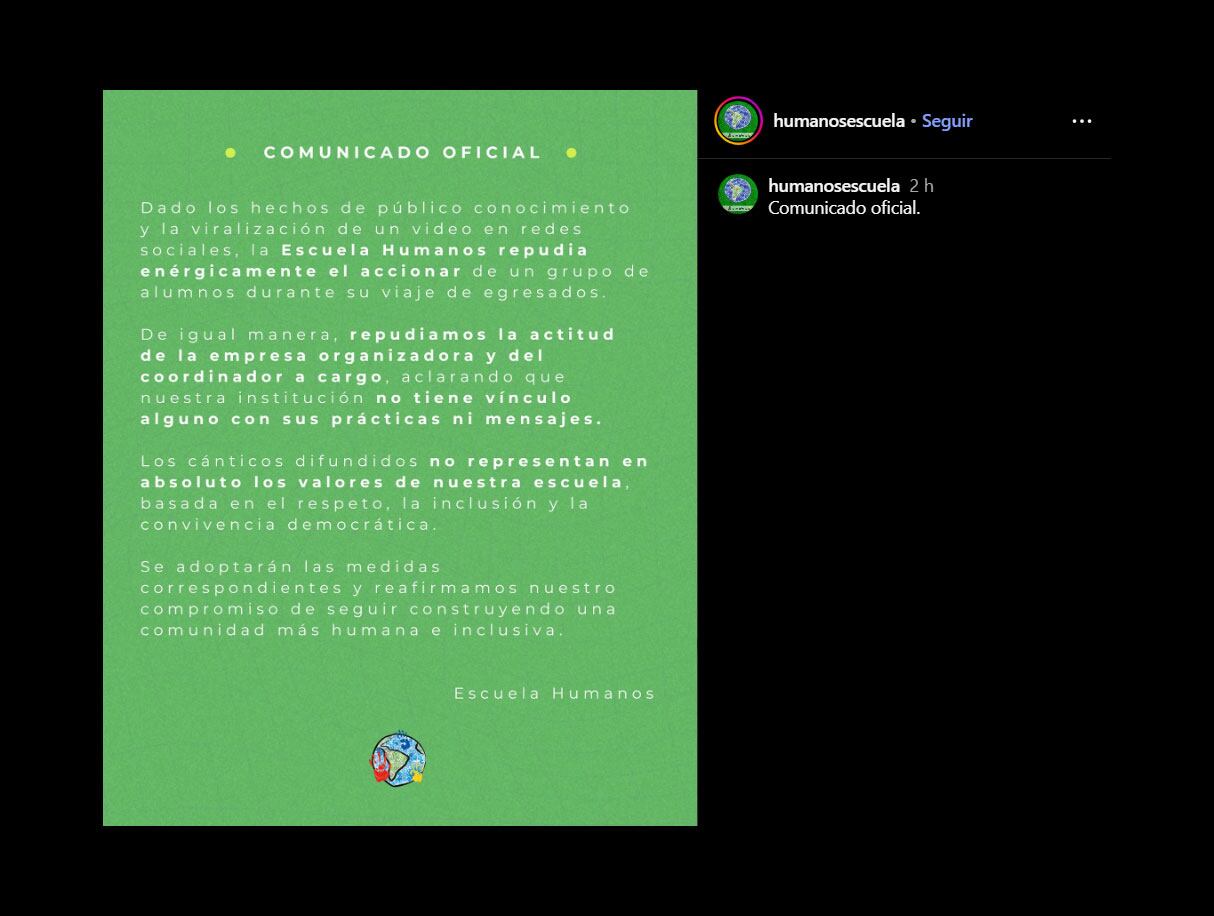 El comunicado de la escuela en redes sociales