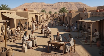 Un poblado del Antiguo Egipto con casas de adobe, personas vestidas con túnicas realizando oficios y un tribunal, montañas y palmeras al fondo bajo un cielo azul.