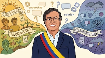 Ilustración de Gustavo Petro con la banda presidencial, dividido entre un lado soleado con personas sonrientes y otro lado oscuro con nubes de tormenta y rostros tristes.