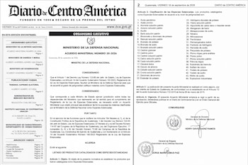 Páginas del Diario de Centro América con el texto del Acuerdo Ministerial 30-2026 del Ministerio de la Defensa Nacional de Guatemala.