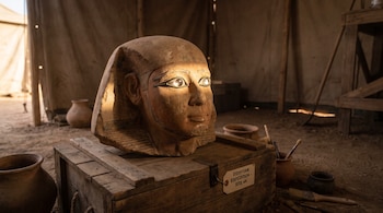 Cabeza de escultura egipcia con ojos de cristal sobre un cajón de madera y una etiqueta de expedición, dentro de una tienda con vasijas y herramientas.