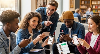 Cinco jóvenes adultos de diversas etnias están reunidos, mirando smartphones y una laptop que muestran diferentes interfaces de aplicaciones, en un interior.