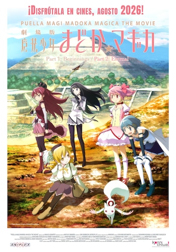 Póster de la película Puella Magi Madoka Magica. Muestra a seis personajes de anime: cinco chicas mágicas y una pequeña criatura blanca, frente a pirámides