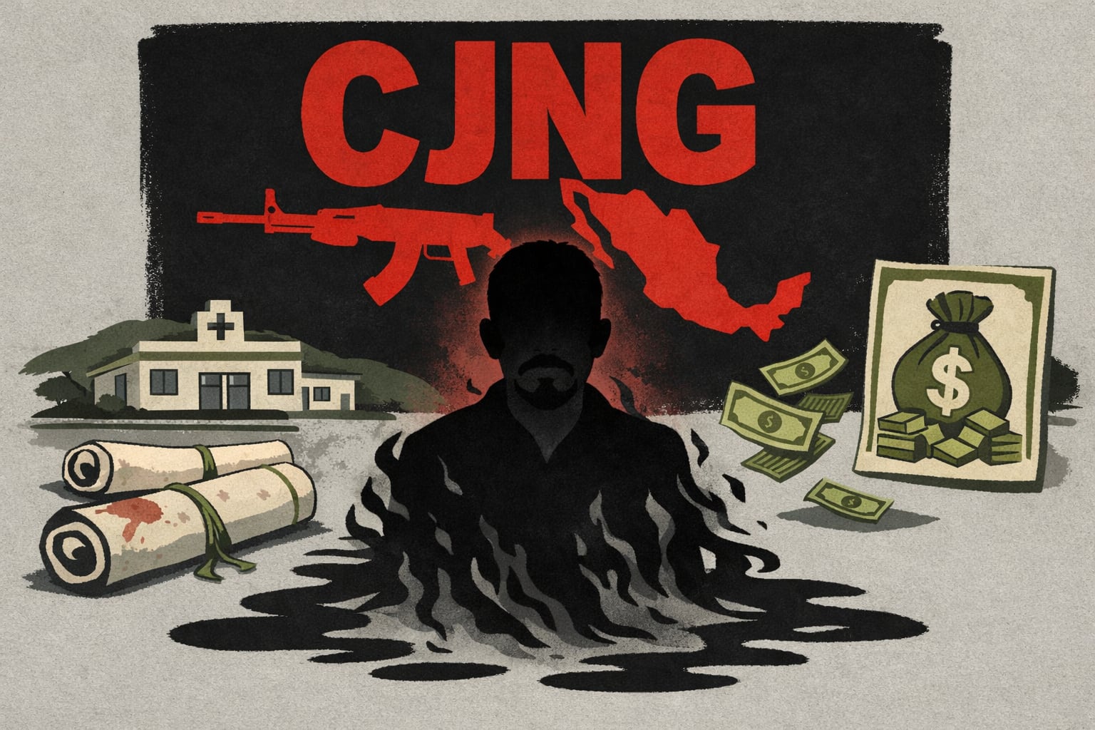 Una ilustración conceptual muestra la figura de El Mencho desvaneciéndose bajo el emblema del CJNG, rodeada de elementos que aluden a sus actividades en México. (Imagen Ilustrativa Infobae)