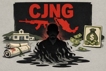 Silueta oscura de hombre con barba y bigote, logo rojo CJNG, mapa de México, rifle, hospital, dos mantas enrolladas, billetes de dólares y saco de dinero.
