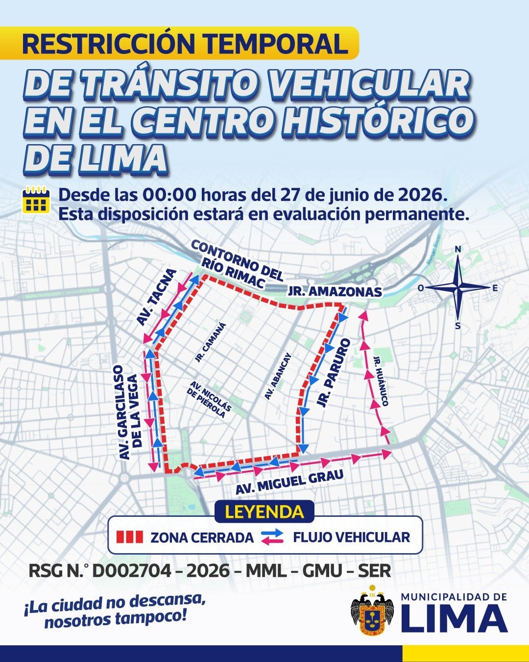 Un mapa del Centro Histórico de Lima ilustra una restricción vehicular temporal efectiva desde el 27 de junio de 2026, indicando las zonas cerradas y el flujo vehicular.