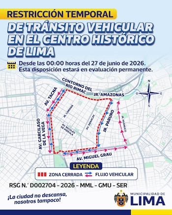 Infografía con un mapa del Centro Histórico de Lima que detalla restricción vehicular, zonas cerradas en rojo y flujo en azul, texto informativo, escudo y logo de la Municipalidad