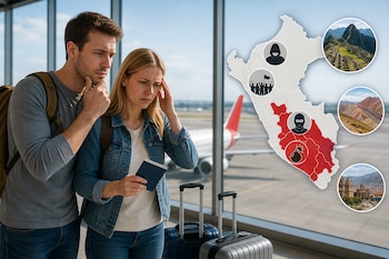 Dos viajeros con maletas observan un gráfico con el mapa de Perú con iconos de seguridad y fotografías de sitios turísticos.