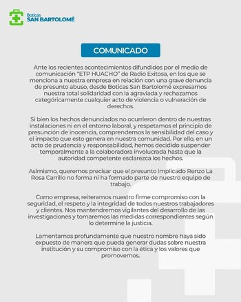 Comunicado de Boticas San Bartolomé