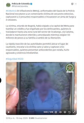 El Gaula de la Policía capturó a dos presuntos respomsables del secuestro del comerciante - crédito @PoliciaColombia/X