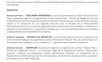 El Jurado Electoral Especial de Lima Centro desestima la solicitud de Avanza País para una segunda vuelta en Lima Metropolitana.