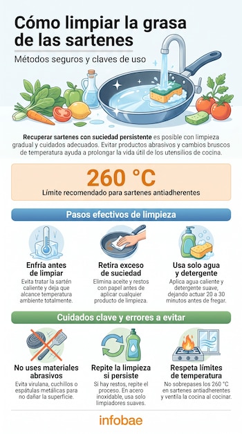 Infografía que muestra una sartén bajo un grifo con agua, una esponja con jabón, verduras, aceite y texto con pasos de limpieza.
