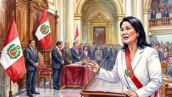 Ilustración de Keiko Fujimori en un podio con un micrófono, acompañada por funcionarios y dos banderas de Perú en una sala