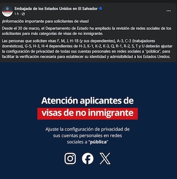 La verificación digital se suma a los mecanismos implementados para examinar antecedentes y asegurar la correspondencia entre información proporcionada y presencia en plataformas como Instagram, Facebook y X (Captura de pantalla de las redes sociales de la Embajada)