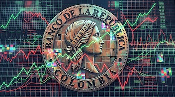 Sello circular del Banco de la República de Colombia rodeado por cuadrículas y líneas de gráficos financieros en tonos verdes y rojos.