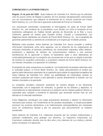 Comunicado Autos Italianos de Colombia