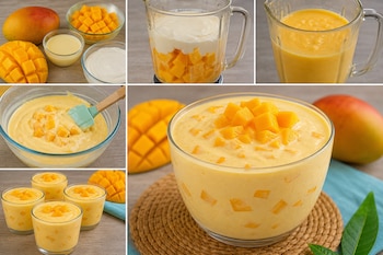 Mosaico de fotografías que muestra mango troceado, ingredientes lácteos, una licuadora, recipientes de mezcla y vasos con el postre final.