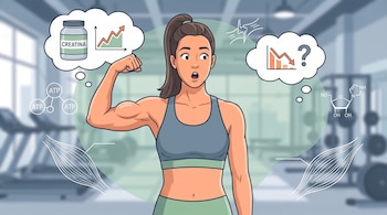 Ilustración de una mujer en un gimnasio. Presenta burbujas de pensamiento sobre frasco de creatina, gráfico en ascenso, moléculas de ATP y gráfico en descenso.