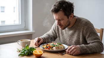 Hombre adulto se inclina sobre un plato de pollo y vegetales con vapor, en una mesa de madera con una taza, albahaca y media naranja, frente a una ventana.