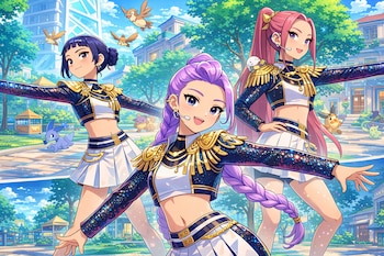 Tres personajes femeninos estilo anime con atuendos de K-pop (tops brillantes, faldas blancas) posan en una ciudad Pokémon soleada con Pidgeys volando y otros Pokémon.