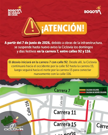 La ciclorruta en sentido norte-sur entre las calles 92 y 106 será suspendida temporalmente y los ciclistas deberán desviarse por la carrera 11 - crédito Idrd/X