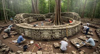 Vista aérea de arqueólogos excavando un edificio circular de piedra con relieves esculpidos y un gran árbol en el centro, rodeado de un bosque.