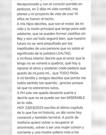 Comunicado de Rosa Fuentes, esposa