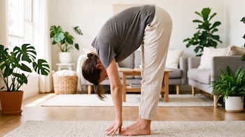 Mujer con camiseta gris y pantalones beige se inclina hacia adelante sobre una alfombra. Hay plantas, un sofá y una ventana al fondo de la sala.