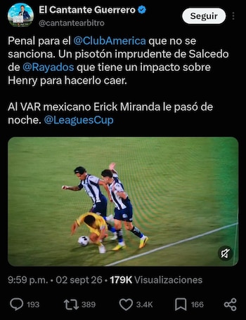 xEl exárbitro mexicano Fernando “Cantante” Guerrero cuestionó una decisión que pudo favorecer al América durante su eliminación ante los Rayados de Monterrey en la Leagues Cup 2026