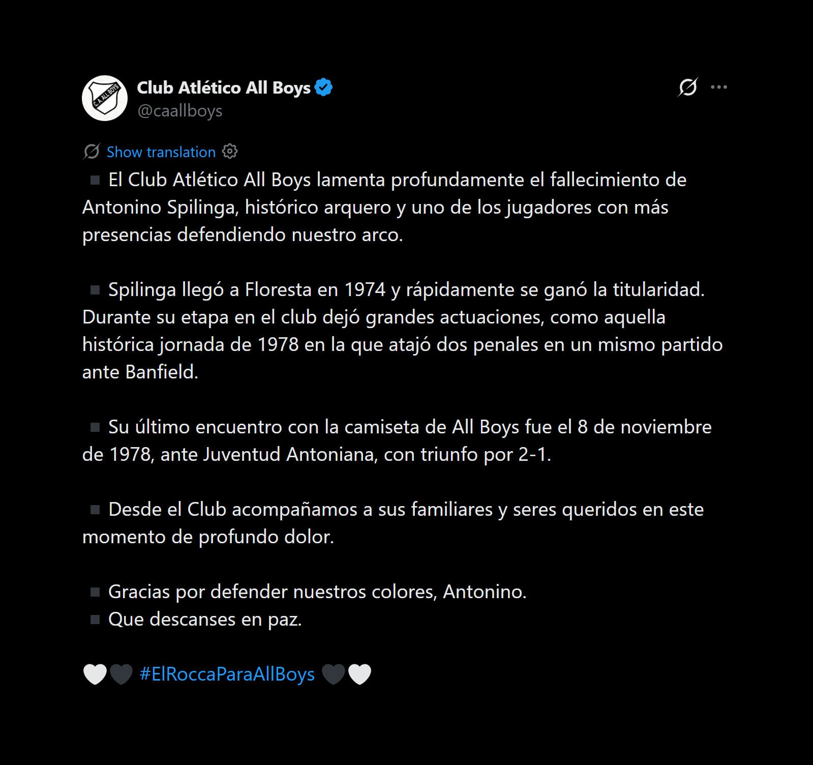 All Boys brindó sus condolencias ante la partida del exarquero que pasó por el club entre 1974 y 1977 (@caallboys)