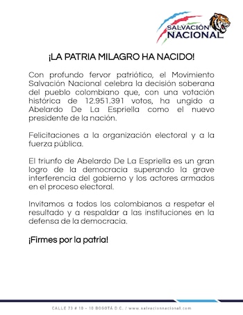 Salvación Nacional destacó que los colombianos se expresaron democráticamente en las urnas - crédito Salvación Nacional