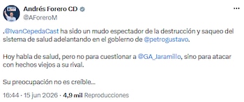 Andrés Forero señaló falta de credibilidad en denuncias de Iván Cepeda - crédito @AForeroM/X
