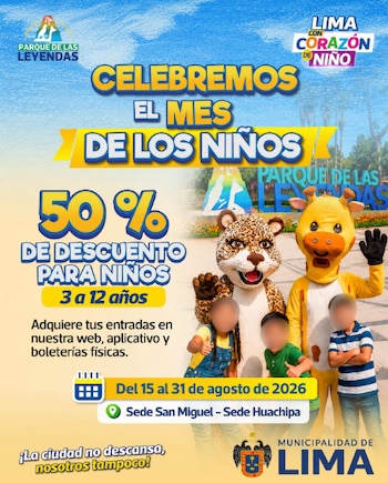 El recinto ofrece 50 % de descuento en las entradas para niños de 3 a 12 años por las celebraciones del Día del Niño - Créditos: Parque de las Leyendas.