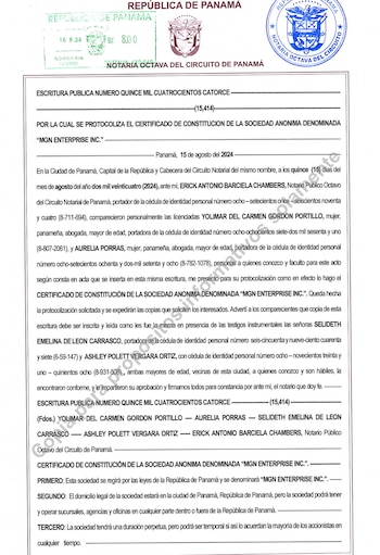 Escritura de constitución de MGN Enterprise INC en Panamá