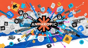 Ilustración collage digital: logo de Anthropic central, rodeado de íconos de complementos (rompecabezas, candados, gráficos), líneas y flechas azules y magenta.