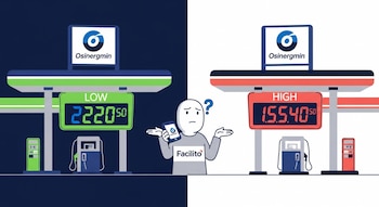 Ilustración de persona con app Facilito indecisa entre dos grifos con precios de combustible contrastantes (bajo y alto). Logos de Osinergmin en ambos carteles.